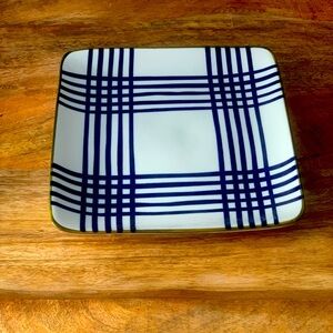 A set of 6 blue & white square appetizer plates. Gold trim.